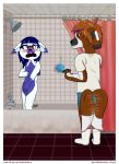  2019 anthro bathroom blue_eyes blue_fur blue_hair blush boxers_(clothing) breasts brown_fur brown_hair buckteeth butt canid canine clothed clothing codemonkey covering covering_self digital_media_(artwork) duo embarrassed exposed eyebrow_dots eyewear female frostbite fur glasses grabby_hands gyrodoodle hair hi_res imminent_rape lagomorph leporid male mammal nude open_mouth purple_hair rabbit saint_bernard shower smile standing tailwag teeth tongue underwear water wet wet_fur white_fur 