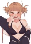  1girl arm_at_side bags_under_eyes bangs black_bikini_top black_hoodie blonde_hair blunt_bangs blush boku_no_hero_academia breasts cleavage collarbone double_bun drawstring eyebrows_visible_through_hair eyelashes fang hand_in_pocket hand_up hood hoodie large_breasts long_sleeves looking_at_viewer messy_hair nose_blush off_shoulder open_mouth partially_unzipped sidelocks simple_background slit_pupils solo toga_himiko tongue upper_body white_background white_hoodie zd_(pixiv6210083) 