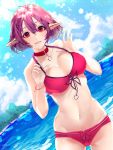  1girl bangs bikini blue_sky breasts choker cleavage cloud day dutch_angle hair_between_eyes large_breasts leyu looking_at_viewer lucid maplestory navel ocean outdoors pink_eyes pink_hair pointy_ears red_bikini short_hair sky smile solo standing swimsuit 