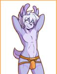  2019 anthro black_nose bulge cervid clothed clothing crackers fur hair horn jockstrap male mammal nips_(crackers) purple_fur purple_hair simple_background solo standing topless underwear white_background yellow_eyes 