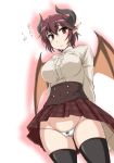  1girl arms_behind_back ass_visible_through_thighs bangs black_legwear blush bow_(weapon) cameltoe commentary_request crotch_seam dragon_horns dragon_wings dress_shirt eyebrows_visible_through_hair frown grea_(shingeki_no_bahamut) groin horns long_sleeves looking_at_viewer lowleg lowleg_panties manaria_friends microskirt open_mouth panties partial_commentary plaid plaid_skirt pleated_skirt pointy_ears purple_hair pussy_peek red_eyes red_skirt shingeki_no_bahamut shirt short_hair simple_background skindentation skirt solo standing thighhighs thighs underwear wan&#039;yan_aguda weapon white_background white_panties white_shirt wings 