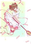  1girl :d antenna_hair arm_up blue_eyes bow breasts brown_hair card cardcaptor_sakura cleavage dress full_body gloves hair_bow kinomoto_sakura open_mouth pink_bow pink_footwear pink_ribbon ribbon seth short_hair short_twintails simple_background small_breasts smile solo staff thighhighs twintails white_dress white_gloves white_legwear 