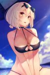  1girl :d absurdres alternate_costume azur_lane bangs bikini black_bikini blurry blurry_background breasts choker cleavage collarbone day eyebrows_visible_through_hair eyewear_on_head hair_between_eyes heart heart-shaped_eyewear highres large_breasts light_particles looking_at_viewer low_twintails o-ring o-ring_top ocean open_mouth outdoors red_eyes sakura_cha sand short_hair sidelocks sirius_(azur_lane) sirius_(midsummer_seirios)_(azur_lane) sirius_(white_rose)_(azur_lane) sitting skindentation smile solo stomach sunglasses swimsuit twintails white_hair 