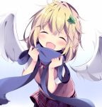  1girl :d ^_^ bangs black_legwear blonde_hair blue_background blue_scarf blush chisaki_tapris_sugarbell closed_eyes detached_wings eyebrows_visible_through_hair facing_viewer feathered_wings flower gabriel_dropout gradient gradient_background green_flower hair_between_eyes hair_flower hair_intakes hair_ornament highres kyuukon_(qkonsan) long_hair open_mouth pantyhose plaid plaid_skirt pleated_skirt red_skirt scarf shirt short_sleeves skirt smile solo sweater_vest white_background white_shirt white_wings wings 