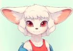  absurd_res black_nose blue_clothing blue_topwear canid canine clothing color_fox female fox front_view fur fur_tuft hi_res inner_ear_fluff mammal red_clothing red_eyes red_topwear simple_background smile solo topwear tuft yobi yobi:_the_five_tailed_fox 