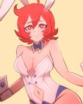  1girl animal_ears artist_name bare_shoulders blue_bow blue_neckwear bow breasts bunny_ears bunny_girl cleavage detached_collar hair_between_eyes highres little_witch_academia looking_at_viewer navel omiza_somi red_eyes red_hair shiny_chariot short_hair simple_background solo upper_body wrist_cuffs yellow_background 