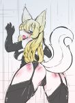  2017 accessory against_wall anthro armwear bent_over blonde_hair blue_eyes bodily_fluids breasts breath butt canid canine clothing corsage elbow_gloves female fur garter genital_fluids gloves hair half-closed_eyes handwear kemono legwear lingerie long_hair looking_at_viewer looking_back looking_pleasured mammal open_mouth pussy_juice raised_tail rear_view saliva solo spank_marks standing stockings twitching white_fur yukiharu_nyawate 
