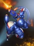  anthro big_breasts borisalien breasts clothed clothing curvaceous eyeless female fishnet greninja gun hi_res huge_breasts legwear nintendo nipples pok&eacute;mon pok&eacute;mon_(species) pussy ranged_weapon skimpy solo thick_thighs thigh_highs video_games weapon wide_hips 