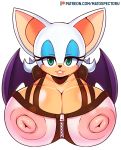  2019 anthro big_breasts breasts chiropteran cleavage clothed clothing digital_media_(artwork) eyeshadow female green_eyes hair hi_res huge_breasts lipstick looking_at_viewer makeup mammal matospectoru membrane_(anatomy) membranous_wings nipples rouge_the_bat simple_background smile solo sonic_(series) translucent translucent_clothing video_games white_background wings 