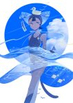  1girl appi523 bare_shoulders black_hair blue_sky bubble circle cloud cloudy_sky feet_out_of_frame liquid one-piece_swimsuit original short_hair sky solo swim_cap swimsuit water 