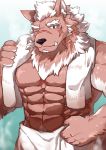  abs absurd_res anthro biceps canid canine canis demon fur hair hi_res male mammal marchosias mowang_yu muscular muscular_male one_eye_closed pecs pubes red_eyes scar solo tan_fur tokyo_afterschool_summoners towel video_games white_hair wolf 
