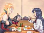  2girls akatsuki_(kantai_collection) anchor anchor_symbol bangs bismarck_(kantai_collection) blonde_hair blue_eyes blush breastplate breasts brown_gloves coffee commentary_request cup detached_sleeves eating facing_another flat_cap food fork from_side german_flag gloves gloves_removed hat hat_removed headwear_removed holding holding_fork holding_spoon japanese_flag kantai_collection large_breasts long_hair machinery messy_hair military military_hat military_uniform mini_flag multiple_girls neckerchief okosama_lunch open_mouth peaked_cap purple_eyes purple_hair red_neckwear sailor_collar school_uniform serafuku shingyo sideboob sitting spoon uniform 