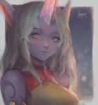  1girl armlet artist_name dated highres horn jewelry league_of_legends long_hair looking_at_viewer pointy_ears ponytail portrait purple_skin seuyan sleeveless solo soraka tattoo very_long_hair white_hair yellow_eyes 