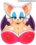  2019 anthro big_breasts breasts chiropteran cleavage clothed clothing digital_media_(artwork) eyeshadow female green_eyes hair hi_res huge_breasts lipstick looking_at_viewer makeup mammal matospectoru membrane_(anatomy) membranous_wings rouge_the_bat smile solo sonic_(series) translucent translucent_clothing video_games wings 