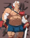  2018 4:5 abs anthro biceps big_sword bottomwear brown_fur bulge canid canine canis cape clothing demon facial_hair fur hair hi_res male mammal marchosias multicolored_fur muscular muscular_male nipples pecs pubes reclamon red_eyes scar signature solo tokyo_afterschool_summoners triceps two_tone_fur video_games white_fur white_hair wolf 