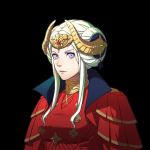  1girl bangs breasts close-up closed_mouth crown double_bun dress edelgard_von_hresvelgr_(fire_emblem) face fire_emblem fire_emblem:_fuukasetsugetsu gold_trim horn_ornament kurahana_chinatsu lips looking_at_viewer official_art platinum_blonde_hair portrait purple_eyes red_dress serious simple_background solo tagme upper_body 