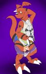  anthro bottomwear brown_eyes bulge clothed clothing clothing_transformation digimon digimon_(species) group guilmon hi_res impmon inanimate_transformation kanada male pants post_transformation purple_background simple_background taichi_kamiya terriermon transformation underwear vest what why 