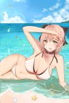  1girl :d ahoge bangs bare_shoulders beach bikini black_bow blonde_hair blue_sky blush bow breasts choker cleavage cloud collarbone day eyebrows_visible_through_hair fate/grand_order fate_(series) hair_between_eyes hair_bow hand_up highres large_breasts looking_at_viewer lying ocean okita_souji_(fate) okita_souji_(fate)_(all) on_side open_mouth outdoors petals sand seashell shell short_hair sidelocks sky smile solo starfish swimsuit uiri-na white_bikini yellow_eyes 