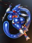  anthro big_breasts borisalien breasts clothed clothing curvaceous eyeless female fishnet greninja hi_res huge_breasts legwear machete melee_weapon nintendo pok&eacute;mon pok&eacute;mon_(species) skimpy solo thick_thighs thigh_highs video_games weapon wide_hips 