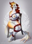  2019 anthro aomori blue_eyes breasts chair digital_media_(artwork) dragon female hair looking_at_viewer non-mammal_breasts red_hair rope simple_background sitting solo 