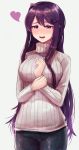  bad_proportions black_pants blush breasts cowboy_shot doki_doki_literature_club hair_between_eyes hair_ornament hairclip highres hita holding_arm long_hair long_sleeves looking_at_viewer open_mouth pants purple_eyes purple_hair ribbed_sweater simple_background smile solo standing sweater very_long_hair yuri_(doki_doki_literature_club) 
