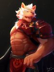  2016 abs anthro biceps black_background canid canine canis demon facial_hair hair hi_res male mammal marchosias muscular muscular_male pecs r_e_g_i_t red_eyes scar signature simple_background solo tokyo_afterschool_summoners video_games white_hair wolf 