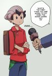  2boys backpack bag beanie brown_hair cardigan english_text green_headwear grey_cardigan hat highres holding interview long_sleeves male_protagonist_(pokemon_swsh) microphone multiple_boys nisego pokemon pokemon_(game) pokemon_swsh red_shirt shirt short_hair simple_background 