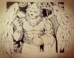  abs absurd_res anthro arthropod biceps black_and_white butterfly canid canine canis demon detailed_background feathered_wings feathers hair hi_res insect lepidopteran male mammal marchosias monochrome mowang_yu muscular muscular_male pecs plant red_eyes scar solo tokyo_afterschool_summoners towel video_games wings wolf 