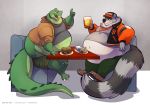  alcohol alligator alligatorid anthro bandanna baseball_cap beer belly beverage big_belly big_butt burger burrito butt claws clothed clothing crocodilian dog_tags duo facial_markings food fur green_scales grey_fur hat head_markings headgear headwear hi_res holding_beverage holding_food holding_object male mammal markings mask_(marking) midriff navel obese obese_male open_mouth overweight overweight_male pac procyonid raccoon reptile ringtail rocky_ramos scales scalie sewergator_(character) sitting smile toe_claws white_fur 