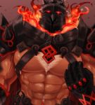  1boy abs bara belt black_gloves chest_hair embers fire gauntlets gloves glowing glowing_eyes helmet highres hita looking_at_viewer male_focus muscle nipples pauldrons pectorals red_eyes shoulder_spikes simple_background solo spikes surtr_(tokyo_houkago_summoners) tokyo_houkago_summoners upper_body 