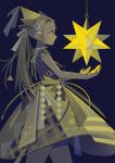  1girl appi523 black_background black_shirt cowboy_shot dark glowing hat lantern long_hair original ponytail profile shirt short_sleeves simple_background small_stellated_dodecahedron solo yellow_headwear yellow_theme 