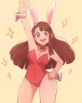  1girl animal_ears arm_up asymmetrical_bangs bangs bare_shoulders bow bowtie breasts brown_hair bunny_ears bunnysuit cleavage covered_navel cowboy_shot detached_collar hand_on_hip highres kagari_atsuko leotard little_witch_academia long_hair looking_at_viewer omiza_somi open_mouth red_eyes red_leotard smile solo strapless strapless_leotard wrist_cuffs 