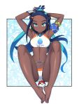  1girl armlet armpits arms_behind_head arms_up barefoot blue_eyes blue_hair breasts dark_skin earrings eyeshadow feet gloves highres hoop_earrings jewelry light_blush long_hair looking_at_viewer mahito makeup multicolored_hair navel necklace parted_lips poke_ball poke_ball_(generic) pokemon pokemon_(game) pokemon_sm pokemon_swsh rurina_(pokemon) shiny shiny_skin single_glove solo sports_bikini toes toned 