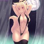  1girl animal_ears armpits arms_up bangs bare_shoulders black_bow black_legwear blonde_hair blush bow breasts cat_ears cat_girl cat_tail closed_mouth collarbone cowboy_shot curtains eyebrows_visible_through_hair fang fang_out fast-runner-2024 highres large_breasts lingerie looking_at_viewer moon navel night night_sky original ponytail red_eyes see-through sidelocks sky smile solo star_(sky) starry_sky tail thigh_gap thighhighs tiffy underwear watermark 