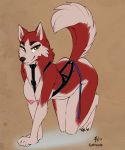  2018 all_fours anthro anthrofied balto_(film) breasts butt canid canine canis domestic_dog female fluff-kevlar fur harness husky jenna_(balto) mammal nipples nordic_sled_dog raised_tail red_fur solo spitz white_fur yellow_eyes 