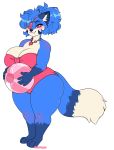  2019 absurd_res anthro ball beach_ball big_breasts blithedragon blue_hair blue_skin blue_tail blush breasts canid canine clothed clothing digital_media_(artwork) eye_patch eyelashes eyewear fox fur hair heterochromia hi_res jewelry lazuli_(doggod.va) looking_at_viewer mammal multicolored_eyes multicolored_fur multicolored_tail necklace one-piece_swimsuit pink_clothing purple_eyes smile solo swimwear thick_thighs two_tone_eyes two_tone_fur watermark white_fur white_tail wide_hips yellow_eyes 