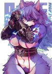  absurd_res anthro black_nose blue_hair canid canine canis cheek_tuft female front_view fur fur_tuft hair hi_res looking_at_viewer magiace mammal mature_female navel nipple_outline pubes purple_fur purple_hair solo tuft wolf 
