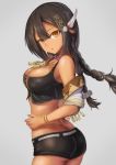  1girl :o ass azur_lane black_hair black_shorts black_vest bracelet braid breasts brown_eyes cleavage commentary_request dark_skin feathers hair_between_eyes hair_feathers highres jewelry large_breasts long_hair looking_at_viewer midriff native_american short_shorts shorts solo south_dakota_(azur_lane) twin_braids vest west_(vaem5527) 