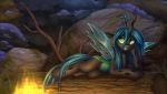  2019 absurd_res changeling detailed_background digital_media_(artwork) eyelashes female feral fire friendship_is_magic green_eyes hi_res hole_(anatomy) horn log looking_at_viewer my_little_pony outside queen_chrysalis_(mlp) setharu solo wings wood 