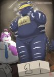  2019 96panda 96panda_hk absurd_res ahoge anthro balls belly blue_fur blush bodily_fluids bottomwear clothing crying duo eyes_closed felid fur hi_res humanoid_hands male mammal navel necktie overweight overweight_male pantherine pants penis phone pink_fur shirt small_penis tears text tiger topwear 