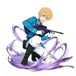  1boy :d belt black_belt black_footwear blonde_hair blue_gloves blue_jacket boots eugeo gloves green_eyes gun hair_between_eyes highres holding holding_gun holding_weapon jacket long_sleeves looking_at_viewer male_focus military_jacket necktie official_alternate_costume official_art one_knee open_mouth pants red_neckwear rifle smile solo sword_art_online transparent_background weapon white_pants wing_collar 