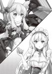  2girls azur_lane belfast_(azur_lane) breasts cleavage closed_mouth collarbone elbow_gloves eyebrows_visible_through_hair gloves greyscale highres large_breasts long_hair long_sleeves looking_at_another maid_headdress monochrome multiple_girls parted_lips raiou small_breasts very_long_hair warspite_(azur_lane) 