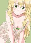  1girl all_fours bikini blonde_hair breasts cleavage closed_mouth collarbone demirinz green_background green_bikini green_eyes hair_between_eyes hoshii_miki idolmaster idolmaster_(classic) long_hair looking_at_viewer medium_breasts revealing_clothes shiny shiny_hair shirt simple_background sleeves solo strapless strapless_bikini swimsuit very_long_hair 