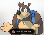  2019 4_fingers anthro backpack banjo-kazooie banjo_(banjo-kazooie) black_claws black_nose blue_eyes brown_fur claws close-up english_text fur grey_background guess_i&#039;ll_die hi_res humor jewelry looking_at_viewer male mammal meme necklace potoobrigham rareware reaction_image sharp_claws shrug simple_background solo text ursid video_games 