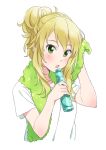  1girl blonde_hair bottle collarbone cropped_torso demirinz green_eyes hair_between_eyes holding holding_bottle hoshii_miki idolmaster idolmaster_(classic) long_hair open_mouth shirt short_sleeves simple_background sitting solo tied_hair towel towel_around_neck white_background white_shirt 