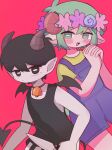  2boys animal_ears antenna_hair basil_(headspace)_(omori) basil_(omori) bell black_eyes black_hair black_tank_top blue_overalls blush bright_pupils closed_mouth colored_skin demon_boy demon_horns demon_tail demon_wings expressionless goat_ears goat_horns green_shirt head_wreath highres holding holding_knife horizontal_pupils horns knife looking_at_viewer male_focus mewowem_omo multiple_boys neck_bell omori omori_(omori) open_mouth overall_shorts overalls pointy_ears red_background shirt short_hair short_sleeves shorts simple_background smile striped_clothes striped_shorts t-shirt tail tank_top teeth upper_teeth_only vertical-striped_clothes vertical-striped_shorts white_pupils white_skin wings 
