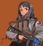  1girl black_eyes black_hair braid brown_background dark_skin gun head_scarf highres holding holding_gun holding_weapon long_hair long_sleeves mole mole_under_eye original seung_mo_kim simple_background smile solo upper_body weapon 