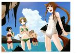  3boys 4girls :d absurdres animal_ears arm_around_neck arm_up ayakura_juu ball beachball bikini black_bikini_top black_hair blood blue_sky blush breasts brown_hair cloud collarbone craft_lawrence day dian_rubens dog enekk floating_hair flower green_bikini hair_flower hair_ornament highres holding holding_ball holo lens_flare long_hair looking_at_viewer looking_back male_swimwear multiple_boys multiple_girls navel nora_arento nosebleed ocean official_art open_mouth outdoors print_bikini purple_flower red_bikini red_eyes school_swimsuit short_hair shoulder_blades sky small_breasts smile spice_and_wolf strapless strapless_bikini sweatdrop swimsuit swimwear tail very_long_hair wading white_school_swimsuit white_swimsuit wolf_ears wolf_tail 