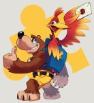  1boy 1girl backpack bag banjo-kazooie banjo_(banjo-kazooie) bear bird blue_eyes brown_hair card feathers full_body green_eyes kazooie_(banjo-kazooie) open_mouth shorts simple_background smile super_smash_bros. taikodon thumbs_up wings 