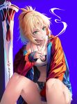  1girl bangs between_legs blonde_hair blue_background blue_jacket blue_shorts breasts cigarette clarent cleavage commentary crop_top cutoffs eyebrows_visible_through_hair fate/apocrypha fate_(series) fingernails gradient gradient_background green_eyes hair_between_eyes hand_between_legs high_ponytail highres huyou_(awegk) jacket long_hair long_sleeves medium_breasts mordred_(fate) mordred_(fate)_(all) mouth_hold navel off_shoulder open_clothes open_jacket parted_lips ponytail purple_background short_shorts shorts sitting sleeves_past_wrists smoke smoking solo sword weapon 